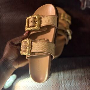SCHUTZ Beige Sandals with Gold Buckles